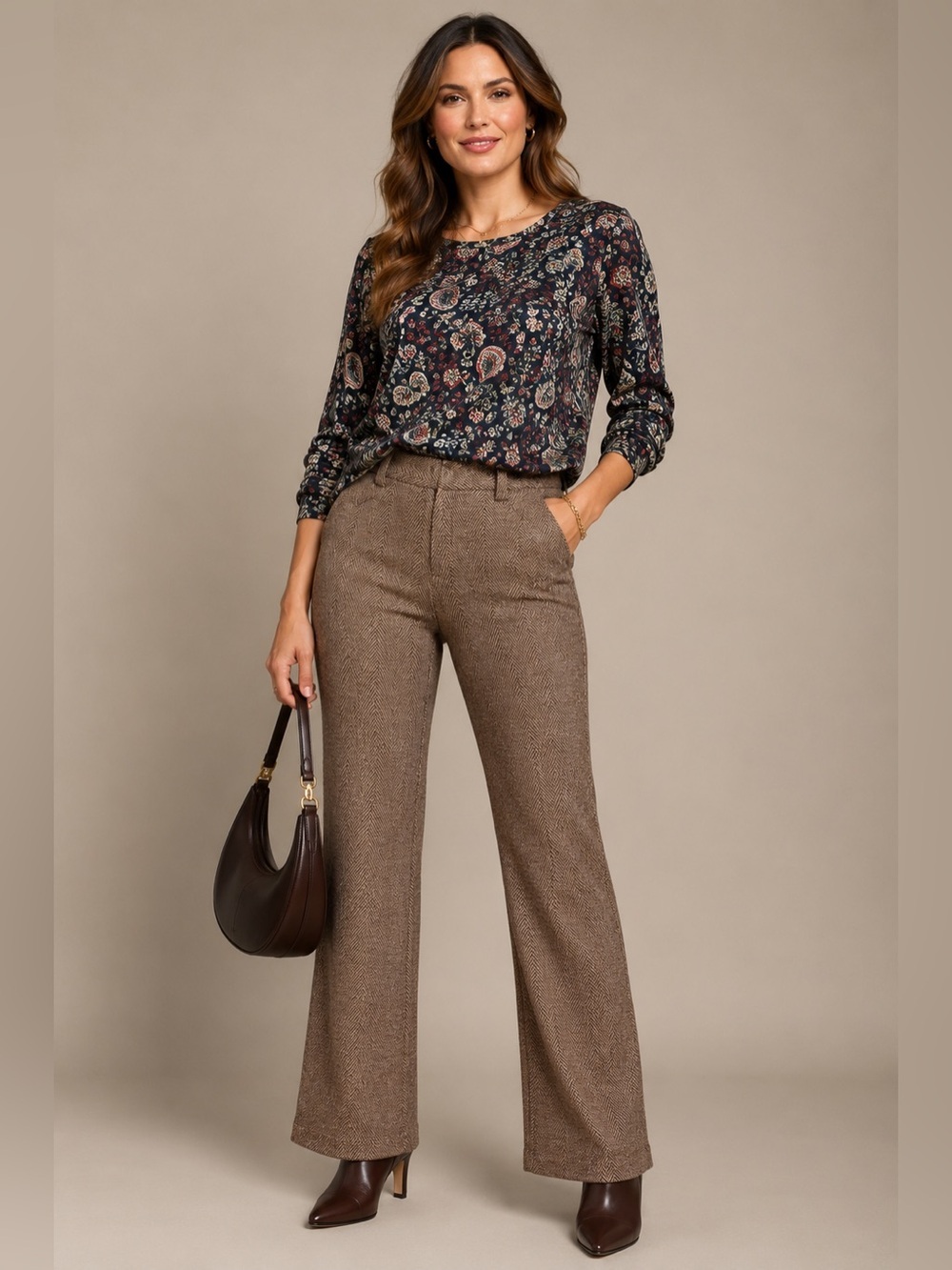 Free People Brown Herringbone Flare Pants Women’s Size 9/10 Boho Wide Leg Trouse